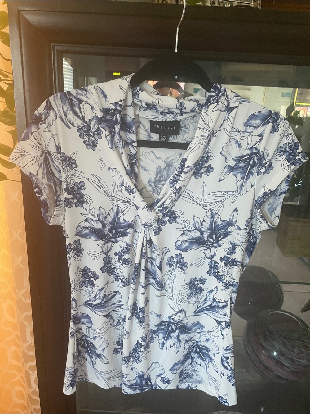 Premise White Floral Twist-Front V-Neck Top with Blue Print